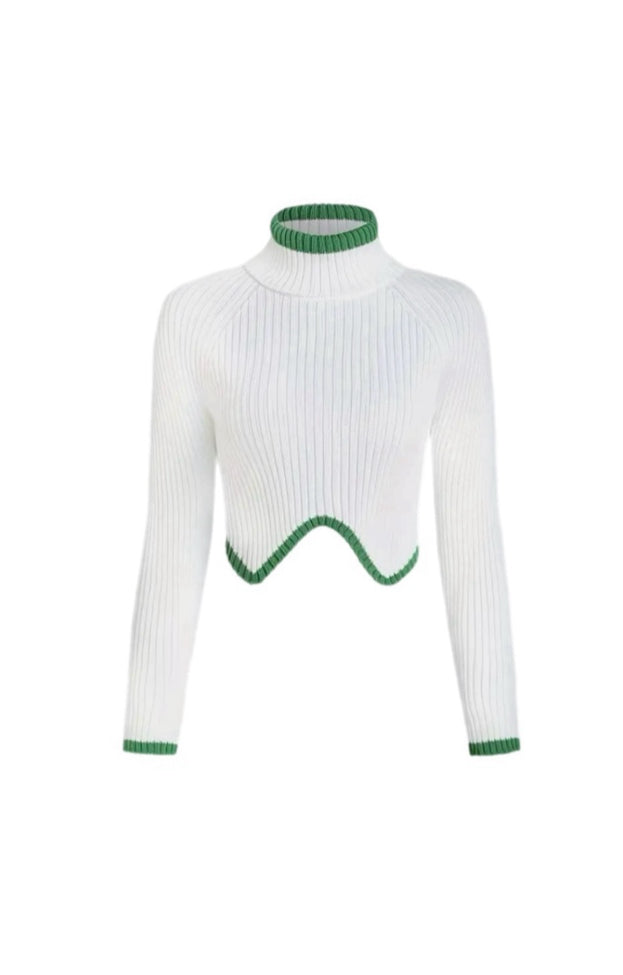 Ribbed Long-sleeved White Turtleneck Sweater
